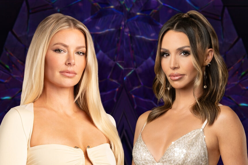 Split image of Ariana Madix and Scheana Shay in front of a purple backdrop.