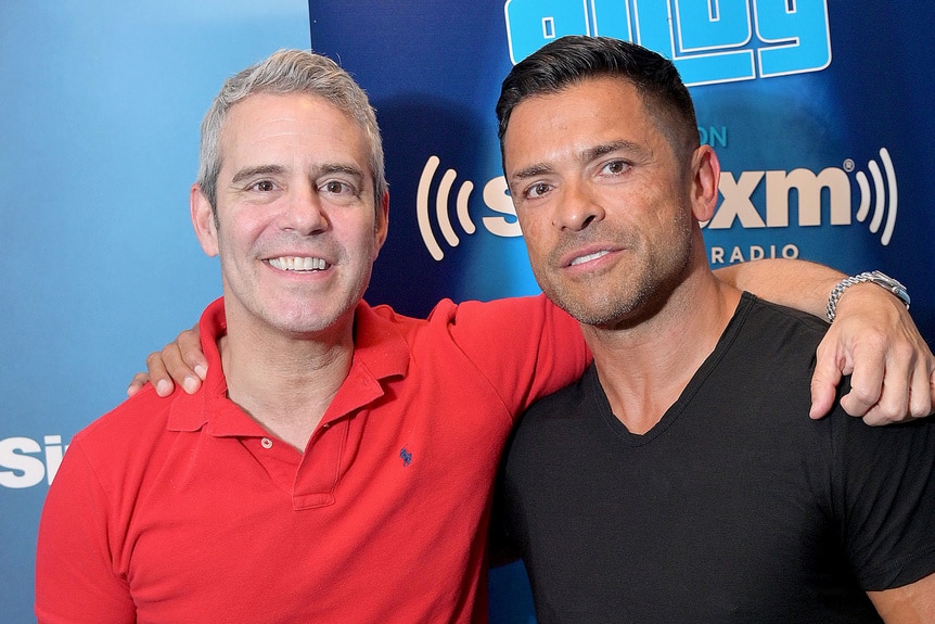 Host Andy Cohen and Mark Consuelos pose after Consuelos visits the Radio Andy Show at SiriusXM Studios on July 24, 2019 in New York City.