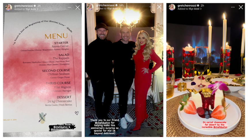 Instagram Stories of the meal Gretchen Rossi and Slade Smiley shared for their anniversary