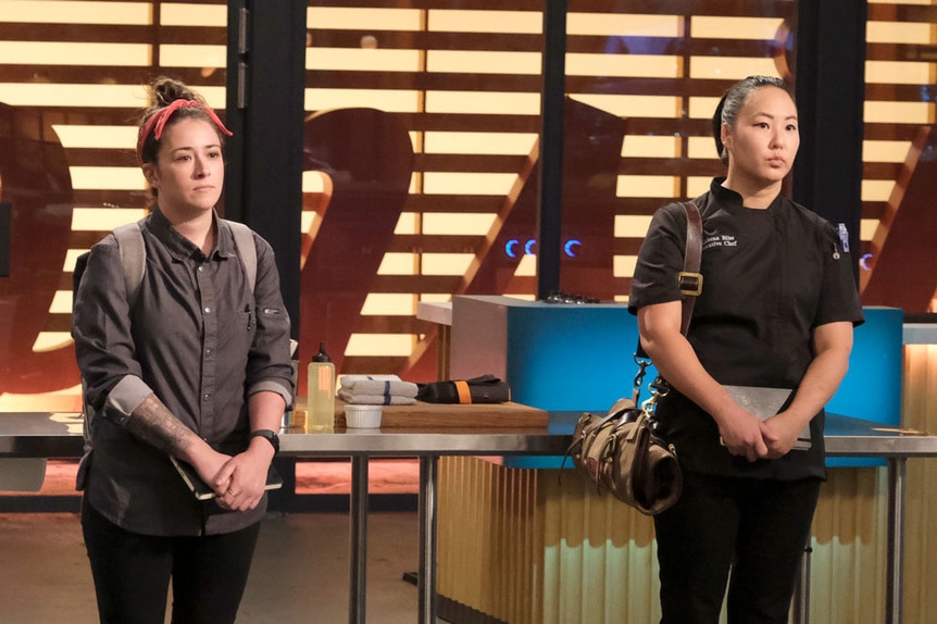 Kaleena Bliss and Alisha Elenz entering Last Chance Kitchen ready to compete a challenge.
