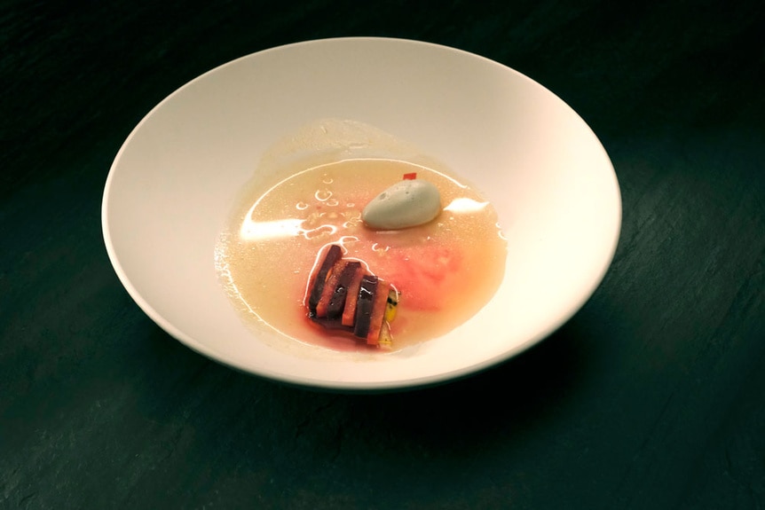 Rasika Venkatesa winning Top Chef dish of Daal quenelle, pickled beets, carrot puree & rasam
