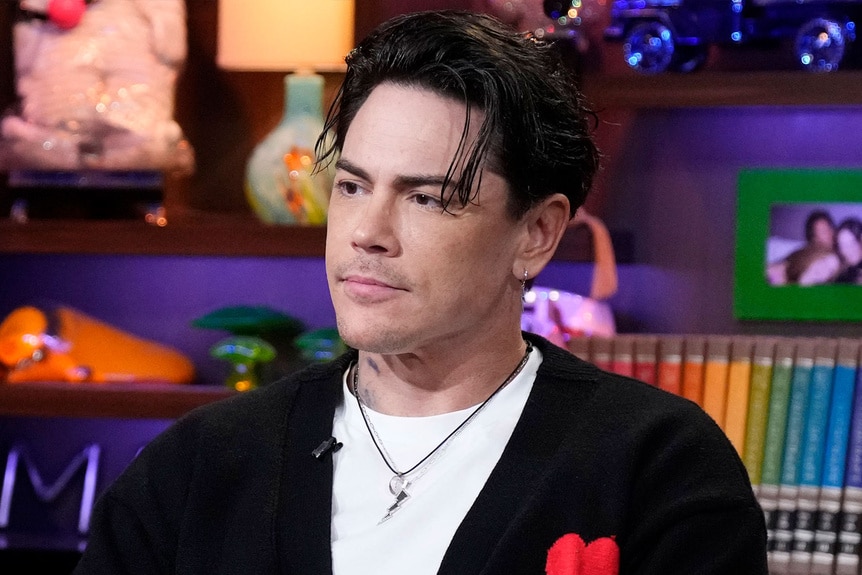 Tom Sandoval sitting at the Watch What Happens Live clubhouse in New York City.