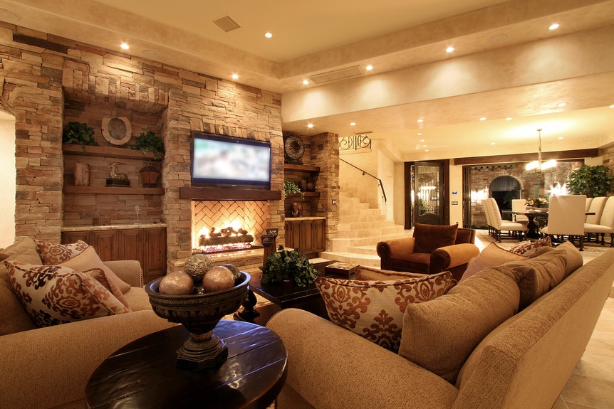 Kyle Richards' living room and fireplace on The Real Housewives Of Beverly Hills Season 6