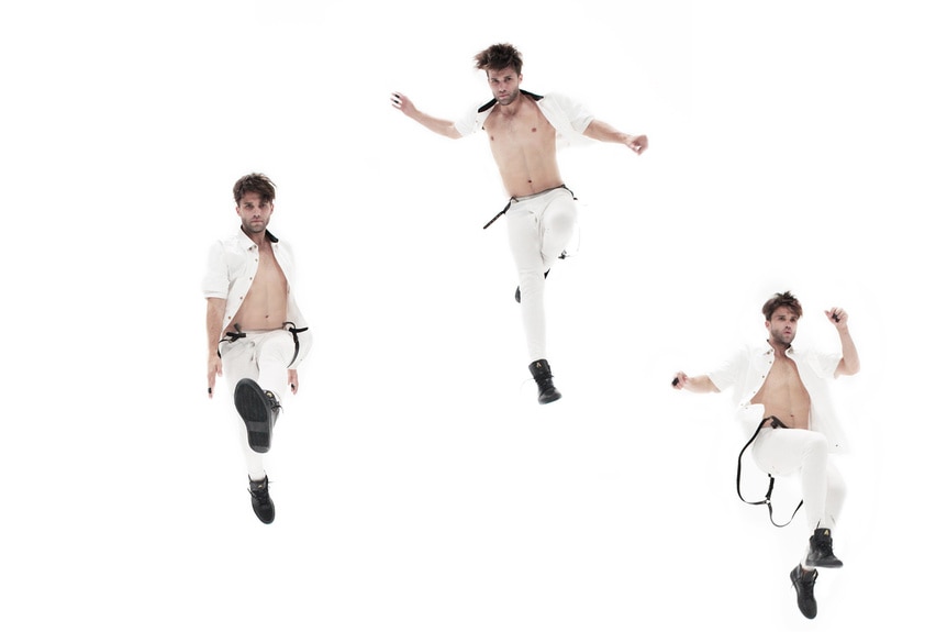 Three images of Tom Schwartz modeling shirtless while jumping