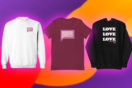 Love Bubble Tee and Sweatshirts in front of purple and gold background