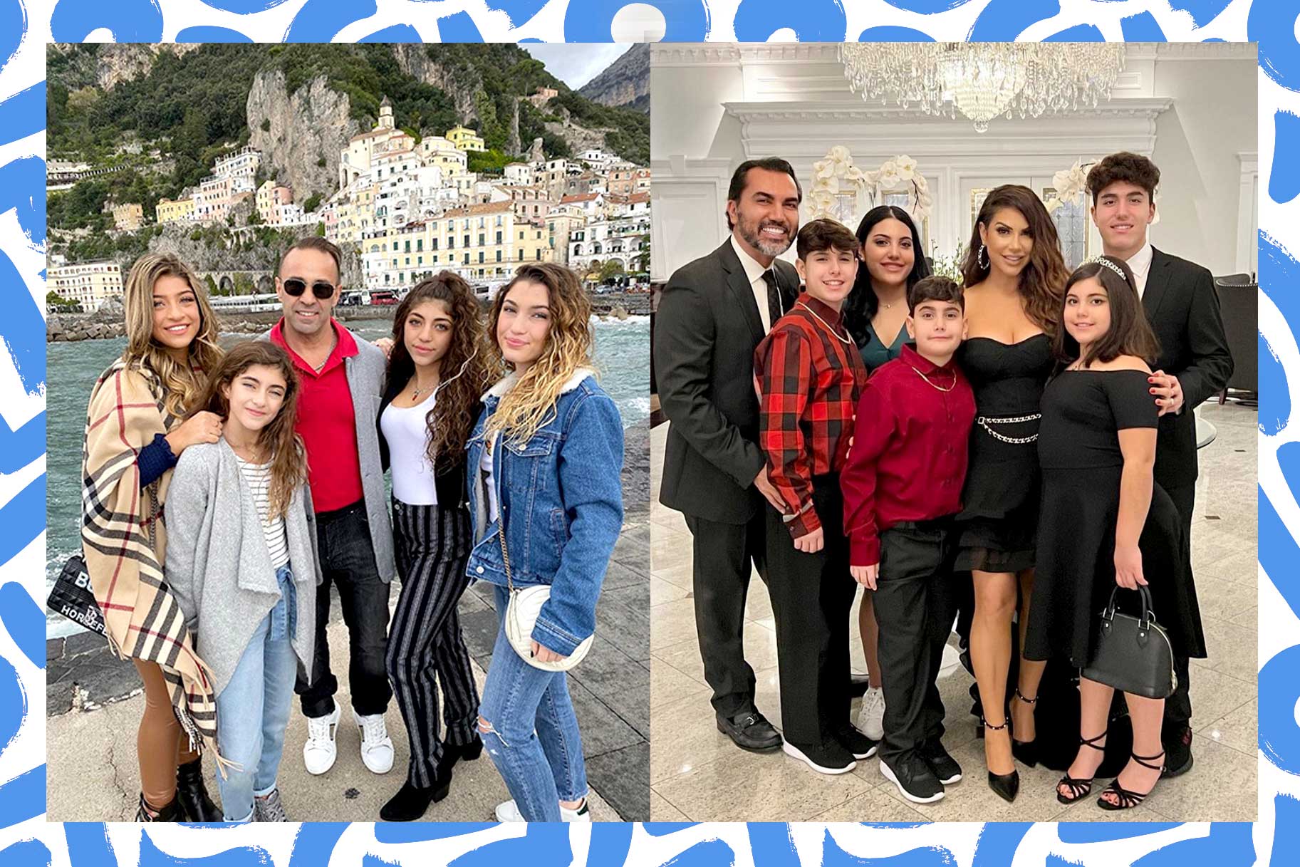 Split image of Joe Giudice whith his daughters and Jennifer Aydin and her family