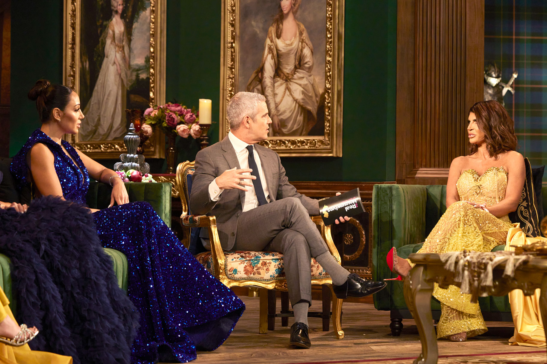 Melissa Gorga, Andy Cohen, and Teresa Giudice at the Real Housewives of New Jersey reunion