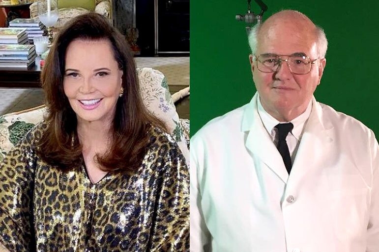 Split of Patricia Altschul wearing an animal print tunic, and Michael Kelcourse wearing his butler uniform.