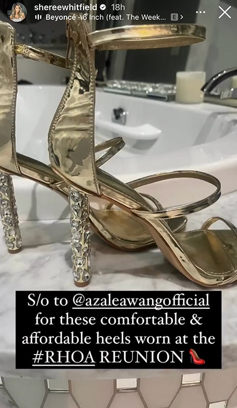Shereé Whitfield’s metallic reunion heels with text overlaid that says, “[Shout out] to [Azalea Wang] for these comfortable [and] affordable heels worn at the RHOA reunion.”