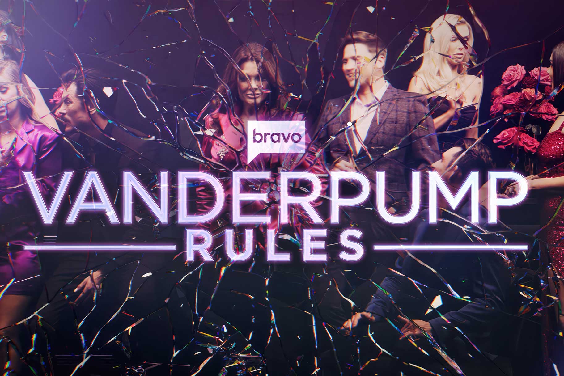 The cast of Vanderpump Rules with a shattered glass effect and logo overlayed