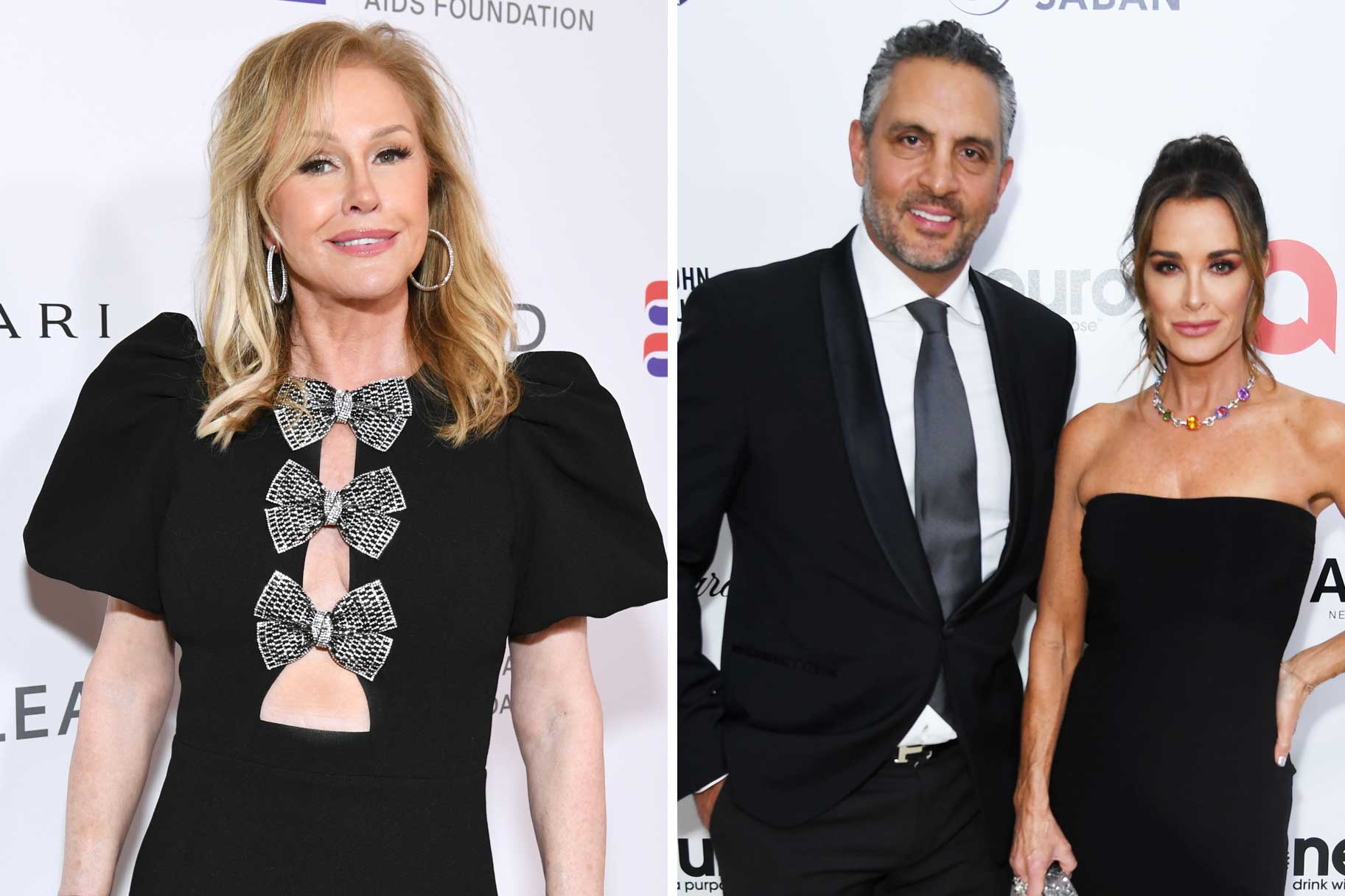 A split of Kathy Hilton wearing a black dress with bows down the middle and Mauricio Umansky and Kyle Richards posing on the red carpet.