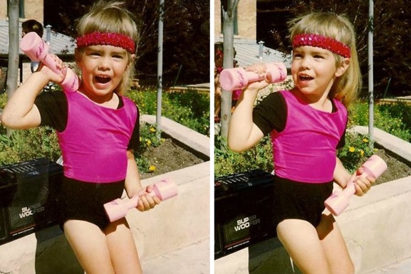 Katie Maloney with a barbell and workout outfit as a young girl.