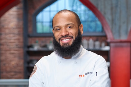 Justin Sutherland in chefs coat during Top Chef