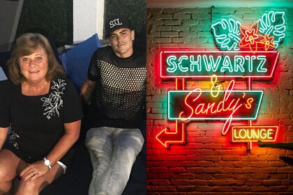 Tom Sandoval and Terri Green; Schwartz & Sandy's Lounge signage.