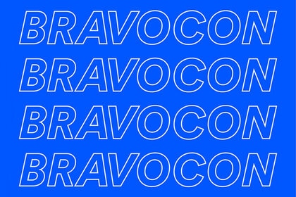 BravoCon repeating text in white over a blue background