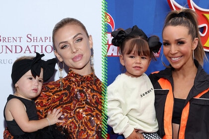 A split image of Lala Kent and Scheana Shay with their daughters in front of step and repeats.