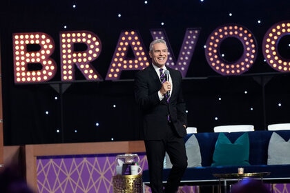 Andy Cohen on stage during a taping of WWHL at Bravocon 2022.