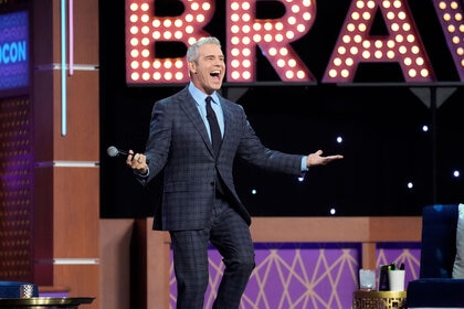 Andy Cohen on stage during a taping of WWHL at Bravocon 2022.