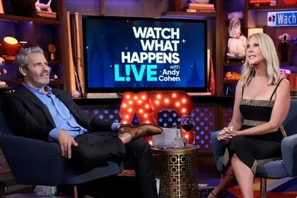 Andy Cohen hosting Watch What happens Live while Vicki Gunvalson is a guest on the show.