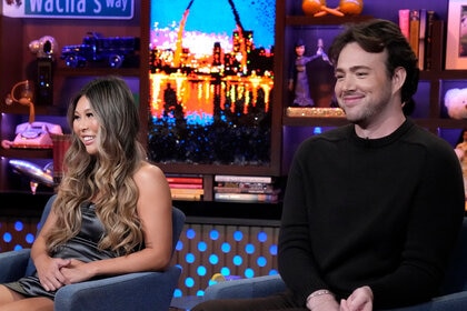 Kyle Viljoen and Jessika Asai sitting as guests on WWHL studios.
