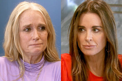 A split of Kyle Richards and Kim Richards talking to each other.
