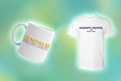 A mug and a t-shirt with quotes printed on them overlaid onto a colorful background.