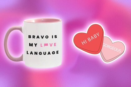 A mug and stickers with quotes on them overlaid onto a colorful background.