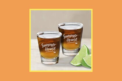 Shot glasses with "Summer House" written on them overlaid onto a colorful background.