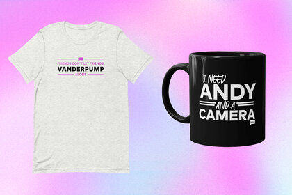 A Vanderpump t shirt and a black coffee mug that reads "I need Andy And a Camera"
