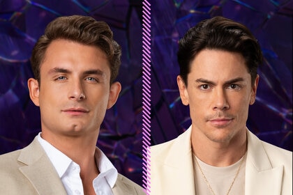 Split of James Kennedy and Tom Sandoval standing in a purple room
