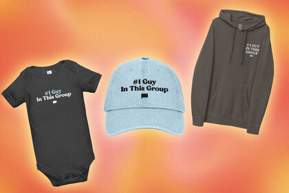 A baby onesie, baseball cap, and hoodie overlaid onto a colorful background.
