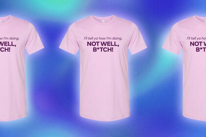T-shirts with a quote printed on them overlaid onto a colorful background.