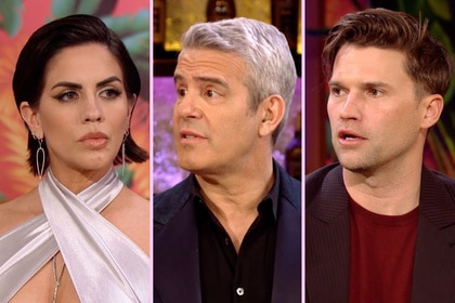 A split of Katie Maloney, Andy Cohen, and Tom Schwartz.