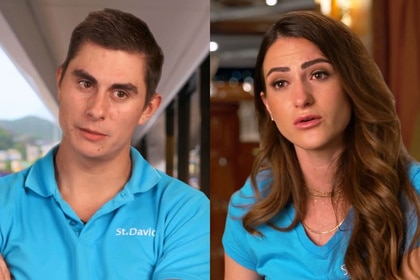 Split of Kyle Stillie and Barbie Pascual doing interview clips in their yachtie uniforms for below Deck