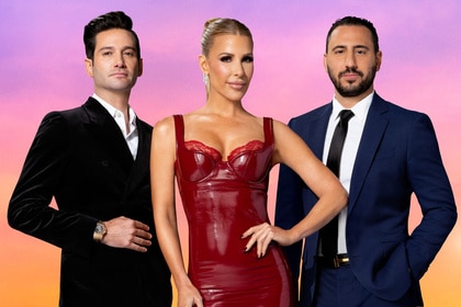 Josh Altman, Josh Flagg, and Tracy Tutor in front of a purple and pink background.