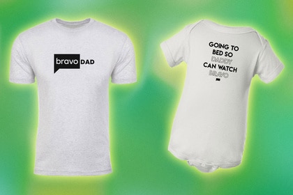 A t-shirt and an infant onesie with quotes on them overlaid onto a colorful background.