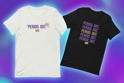 T-shirts with quotes on them overlaid onto a colorful background.