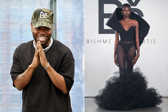 A split of Bishme on the runway and his all black finale design on a runway model.