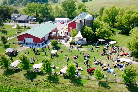 The arial exterior of a farm barn and silo where a Top Chef challenge is taking place.