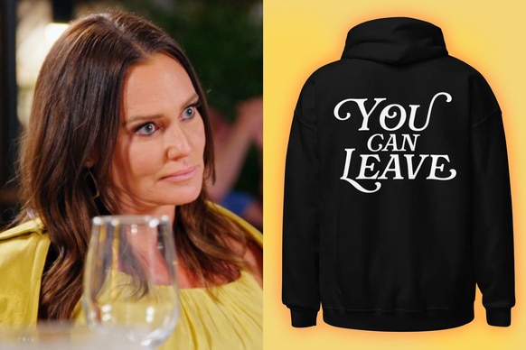 A split of Meredith Marks and a black sweatshirt that reads, "You can Leave"