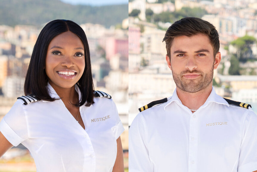 Split of Tumi Mhlongo and Luka Brunton smiling  in their yacht crew uniform.