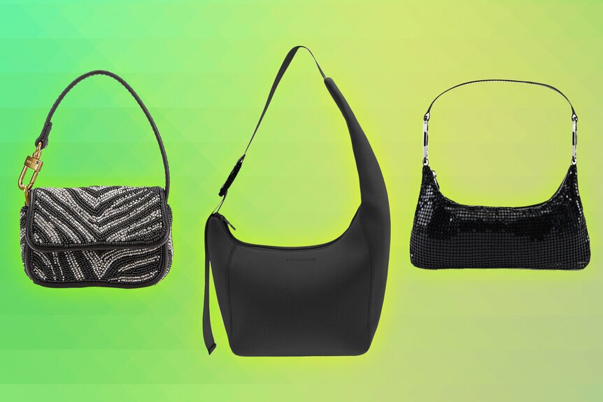 Three black handbags in front of a neon green yellow backdrop.