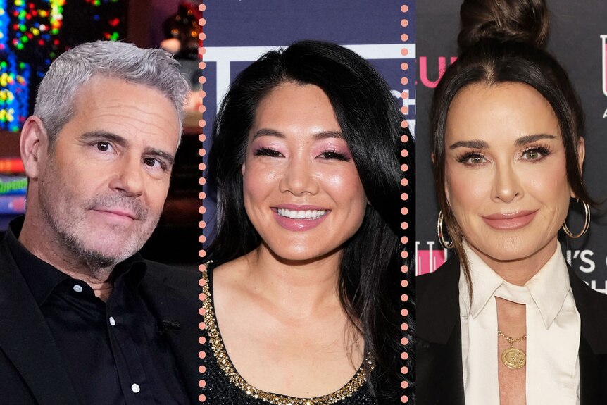 A split of Andy Cohen, Crystal Kung Minkoff, and Kyle Richards.