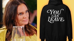 A split of Meredith Marks and a black sweatshirt that reads, "You can Leave"