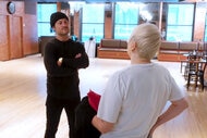 Val Chmerkovskiy and Donie Burch in conversation while filming Dancing Queens.