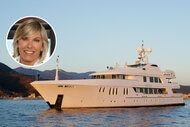 The exterior of the Mustique yacht anchored on the water with mountains behind it overlaid with Captain Sandy Yawn's face.