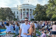 Lindsay Hubbard and Carl Radke posing together in front of the White House in Washington, DC.