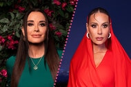 Split of Kyle Richards wearing a green dress and Dorit Kemsley wearing a red dress.