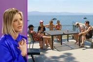 Split of Ariana Madix wearing a blue shirt in front of a purple backdrop and the VPR cast in Lake Tahoe