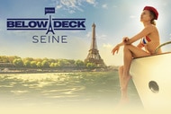 A woman in a beret poses on a boat next to the Eiffel Tower with a Below Deck Seine logo